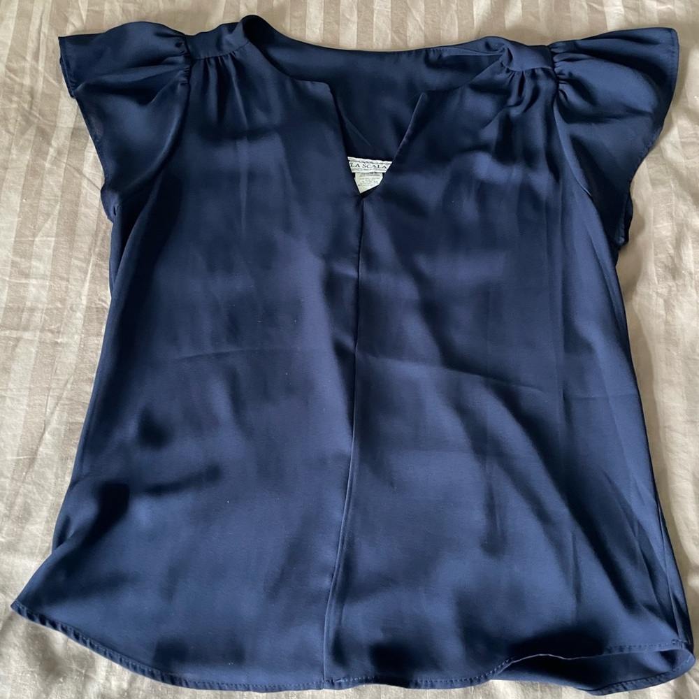La Scala Navy Blue polyester shirt with ruffle sleeve